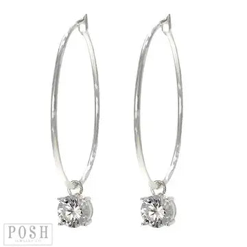 Earrings - Silver Tone Hoop Earring with Clear Crystal Round Charm