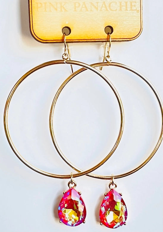 Earrings - Pink Panache Gorgeous Multi Color Pink Austrian AB Crystal Teardrop Charm On A Gold Circle Earrings