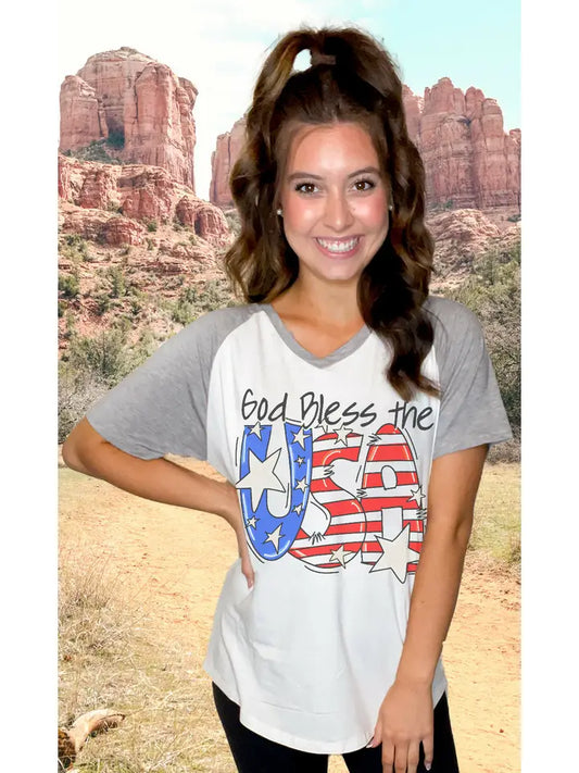 T-Shirt - God Bless the USA Super Soft V-Neck Sort Sleeve Raglan Style Sleeve - Sizes Small - 4X