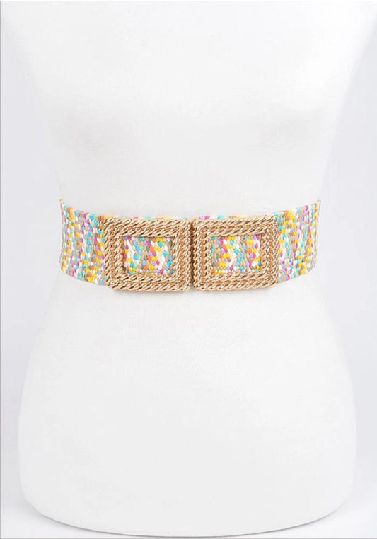 Belt - Multi Color Woven Stretch Belt With Gold Tone Metal Buckle