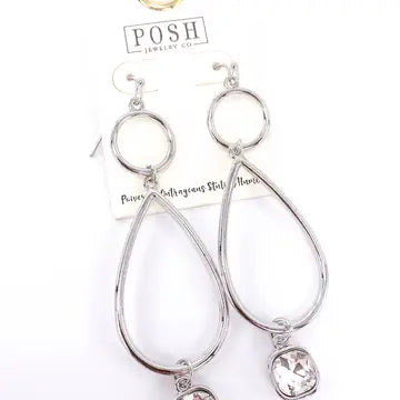 Earrings - Beautiful Design in Silver Tone with a Clear Rhinestone Drop Charm