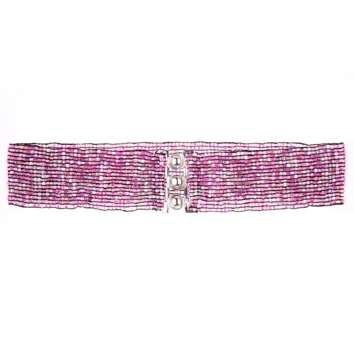 Belt - Hand Loomed Multi Color Pink Beaded Belt Silver Tone Buckle Stretch Belt