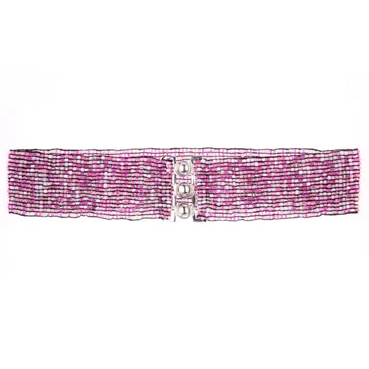 Belt - Hand Loomed Multi Color Pink Beaded Belt Silver Tone Buckle Stretch Belt