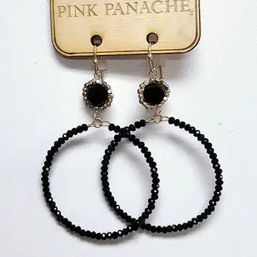 Earrings - Black Crystal Beaded Circle With Gold Hook Dangle Earring