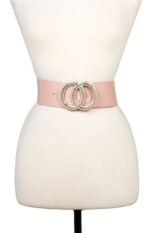 Belt - Pave Rhinestone Double Round Buckle Light Pink Stretch Belt