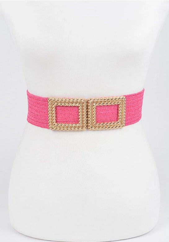 Belt - Hot Pink Woven Stretch Belt with Gold Tone Metal Buckle