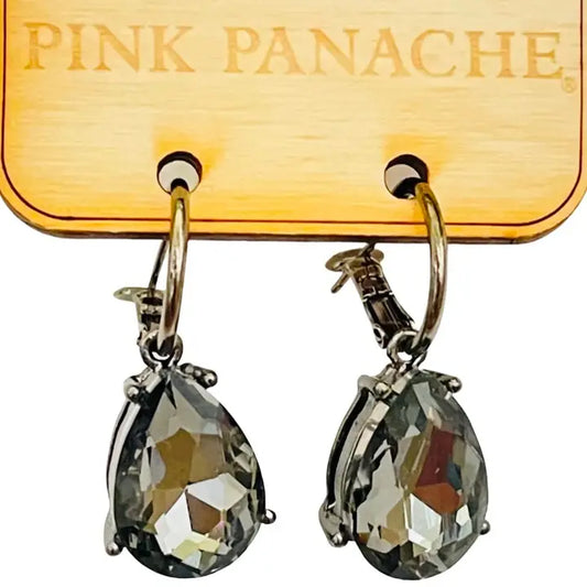 Earrings - Beautiful Multi Faceted Dark Gray Crystal Pear Shaped On Small Gun Metal Hoop Earrings