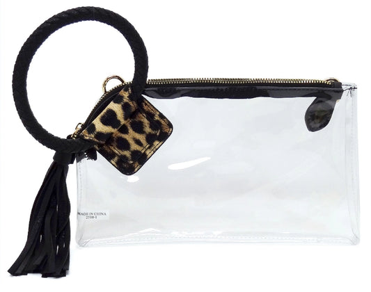 Handbag - Clear Wristlet Clutch Bag Accented With Leopard Print And Black Fringe Tassel And Black Crossbady Strap