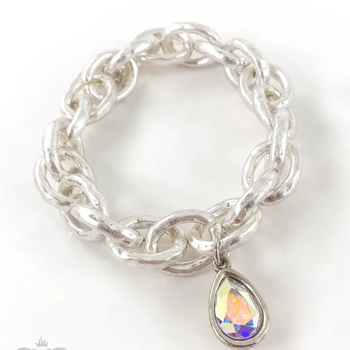 Bracelet - Chain Link Silver Tone Stretch Bracelet with Ab Austrian Crystal Teardrop Shaped Charm