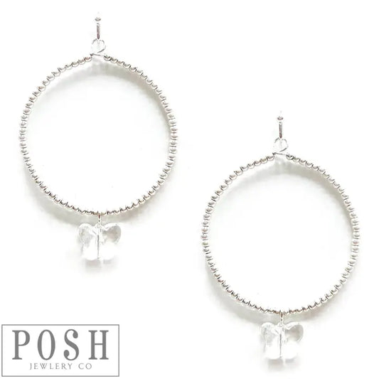 Earrings - Beaded Circle Shaped Silver Tone Earrings With A Clear Crystal Butterfly Drop Charm