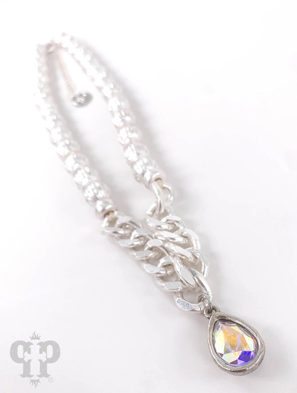 Necklace - Pink Panache Fluted Bead and Chain Necklace With Ab Austrian Crystal Teardrop Charm