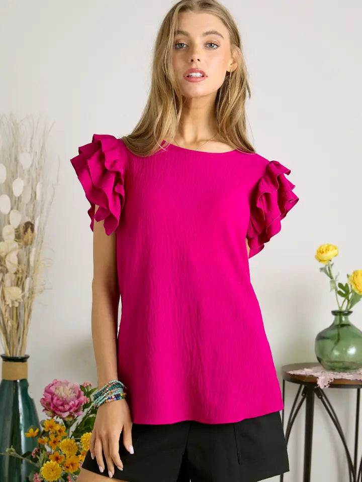 Top - Multi Tier Ruffle Short Sleeve Blouse in Hot Pink or Magenta - Sizes Small - Large