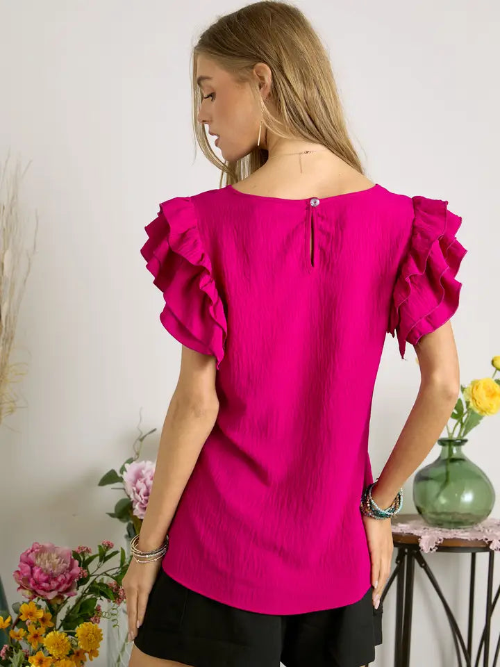 Top - Multi Tier Ruffle Short Sleeve Blouse in Hot Pink or Magenta - Sizes Small - Large