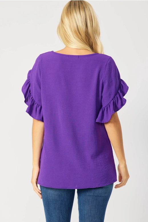 Top - Beautiful V-Neck Air Flow with a Beautiful Ruffled Tulip Sleeve V-Neck. Colors Royal Blue, Vibrant Purple, Neon Orange, Light Blue - Sizes Small to XL