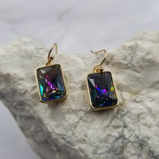 Earrings - Multicolor Crystal Rectangle Semi Precious Earrings Smaller Size