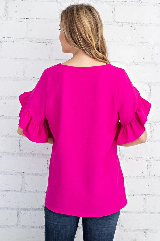 Top - Ruffled Tulip Sleeve V-Neck Short Sleeve - Hot Pink - Sizes Small to Large