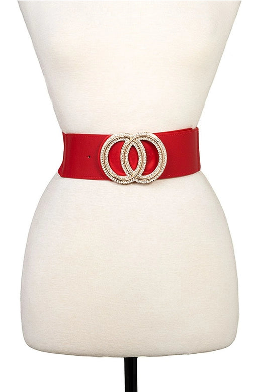 Belt - Red Double Round Rhinestone Buckle Pave Stretch Belt