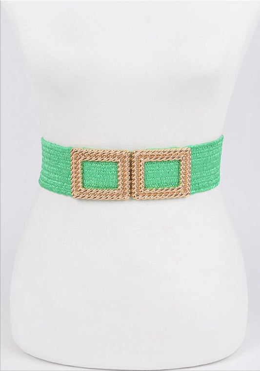 Belt - Green Woven Stretch Belt with Gold Tone Metal Buckle