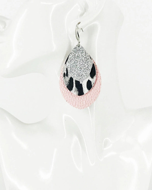 Earrings - Pink Faux Leather Silver Glitter & Leopard 3 Tier Earrings With Silver Glitter Backing Stainless Steel Wires