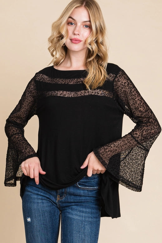 Top - Black Long Sleeve Sheer Animal Print Mesh Bell Sleeve Top - Sizes Small to Large