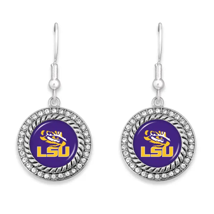 LSU Jewelry Earrings - From The Heart LSU Tiger Logo Rhinestone Framed Round Shaped Earrings Allie Collection