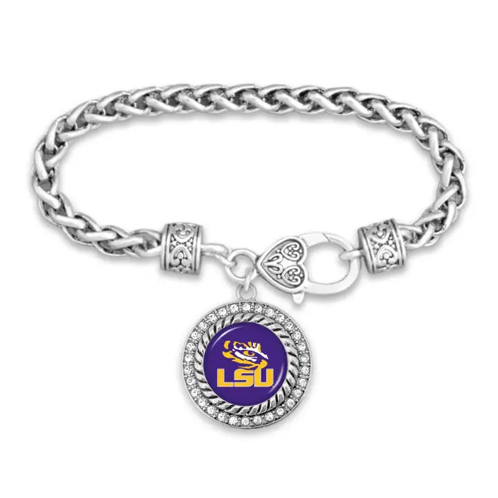 LSU Jewelry Bracelet -  From The Heart LSU Rhinestone Framed Round Shaped Charm Bracelet - Allie Collection