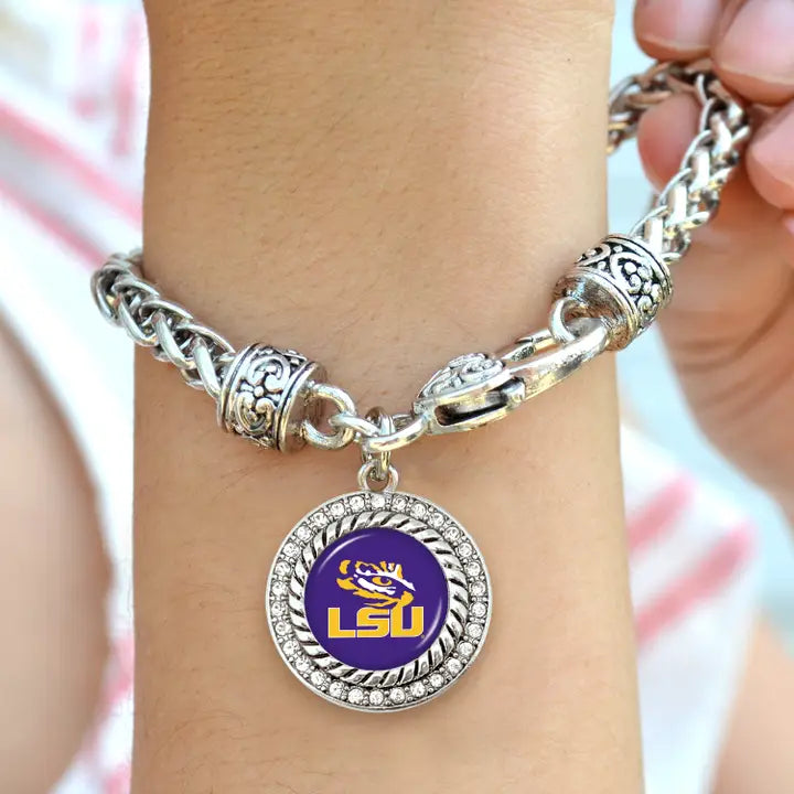 LSU Jewelry Bracelet -  From The Heart LSU Rhinestone Framed Round Shaped Charm Bracelet - Allie Collection