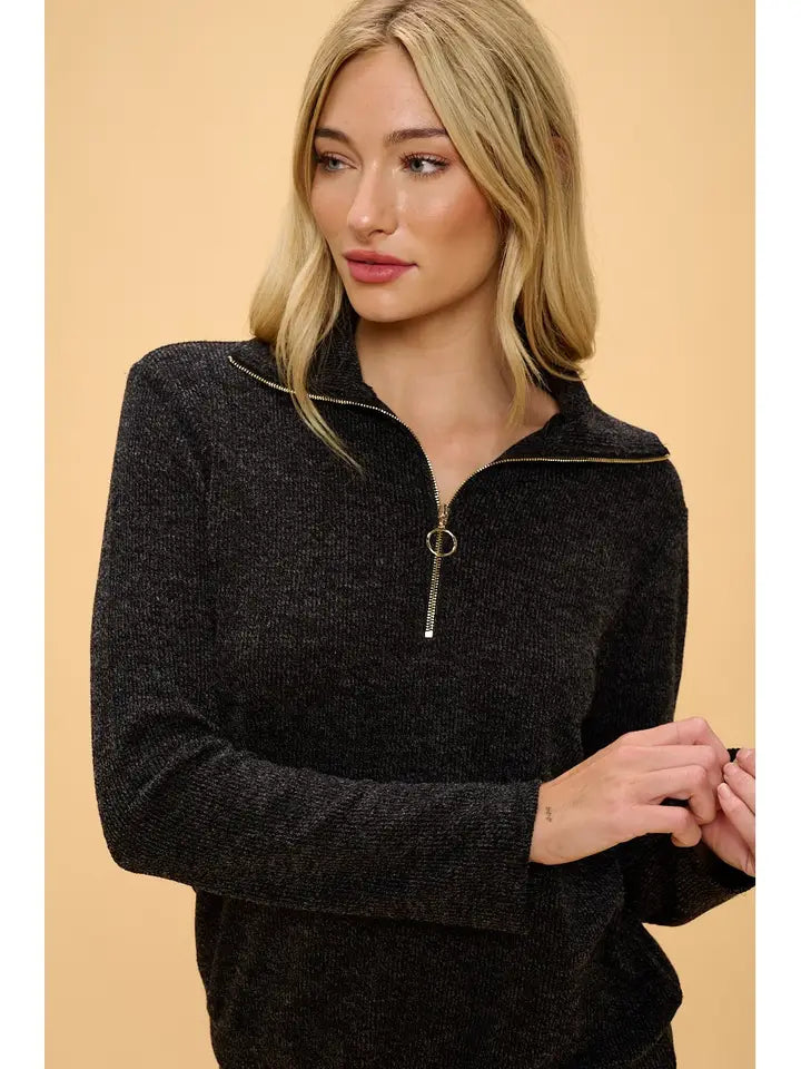 TOP - Long Sleeve Quarter Zip Johnny Collar Sweaer