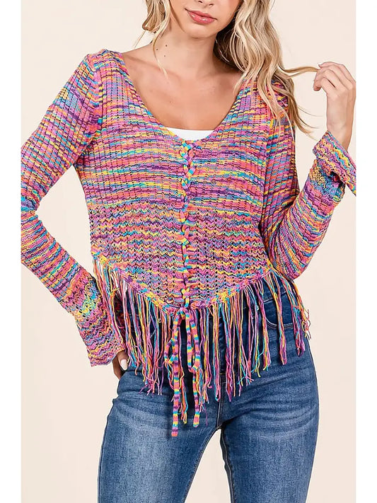 Top NEW ARRIVAL Sweater - Multi Color Yarn Lace Up Front Fringe Hem Sweater - Sizes Small to Large