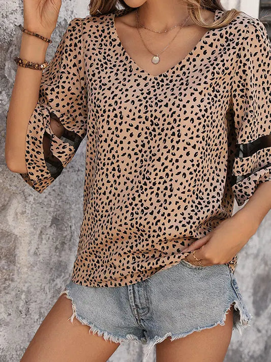 Top NEW ARRIVAL - Elbow Length Animal Print Top with Black Mesh Inserts in Sleeves - Sizes Small - XL