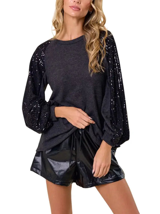 Top NEW ARRIVAL - Dark Charcoal Gray Knit Top with Long Black Sequin Sleeves - Sizes Small to Large