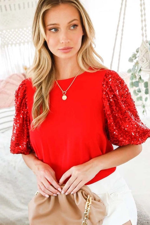 Top NEW ARRIVAL Dressy - Red Round Neck With Contrast Red Sequin Short Sleeves - Sizes Small to Large