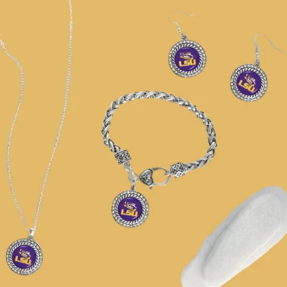 LSU Jewelry Bracelet -  From The Heart LSU Rhinestone Framed Round Shaped Charm Bracelet - Allie Collection