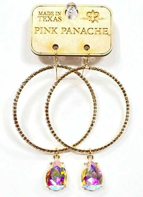 Earrings - Pink Panache Rhinestone Gold Rimmed Circle Earrings With AB Crystal Dangling Charm