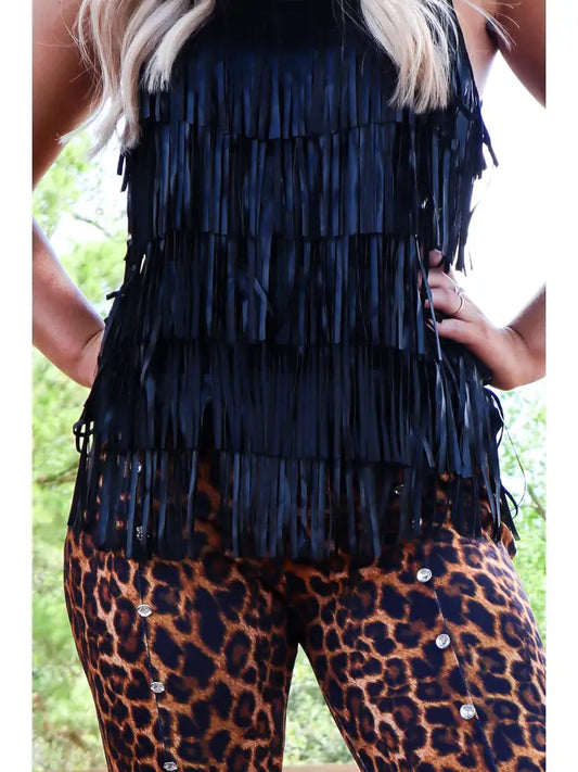 Top NEW ARRIVAL Tank/Camisole - Black Spaghetti Strap Gorgeous Fringe Tank - Sizes Small to Large