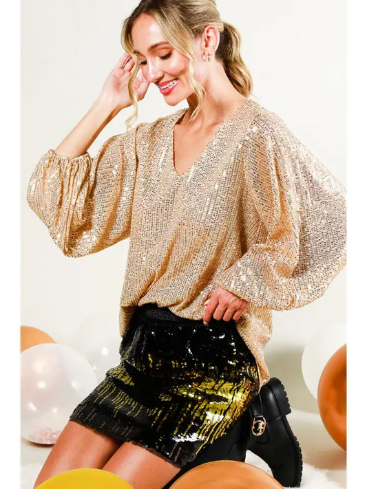 Top NEW ARRIVAL Dressy - V-Neck Balloon Sleeves Sequin Detail Blouse in Burgundy or Gold - Sizes Small to Large