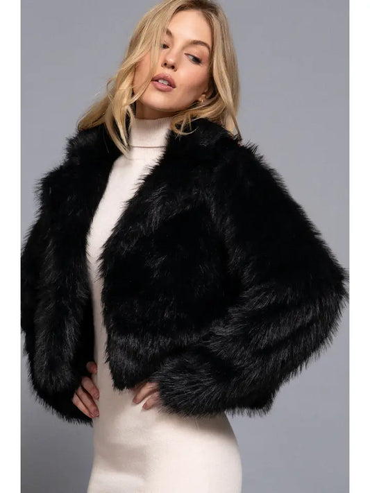 Jacket/Coat NEW ARRIVAL - Black Long Sleeve Notched Collar Faux Fur Cropped Jacket - Sizes Small to Large