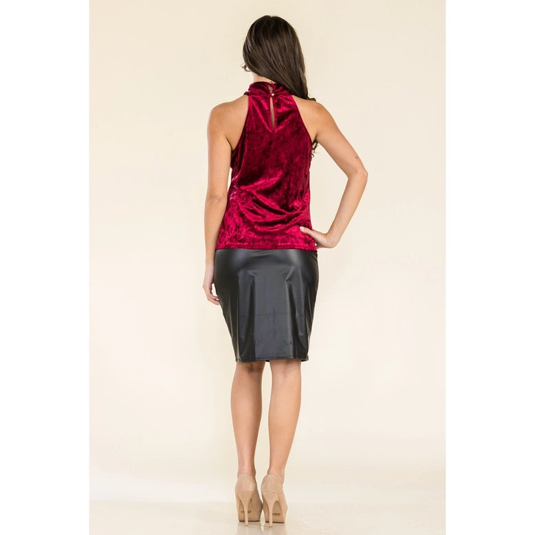 Top - Elegant Burgundy Crushed Velvet Cutout Halter Sleeveless Top - Sizes Small to XL