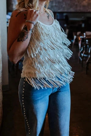 Top NEW ARRIVAL Tank/Camisole - Winter White Spaghetti Strap Gorgeous Fringe Tank - Sizes Small - 2XL