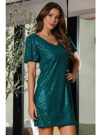 DRESS NEW ARRIVAL - Sequin Puff Short Sleeve Dark Green Dress - Sizes Small to Large