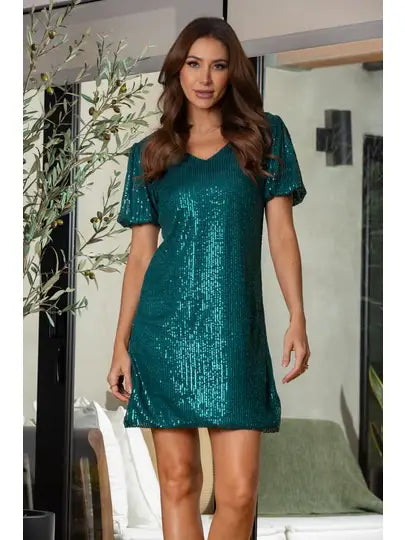 DRESS NEW ARRIVAL - Sequin Puff Short Sleeve Dark Green Dress - Sizes Small to Large