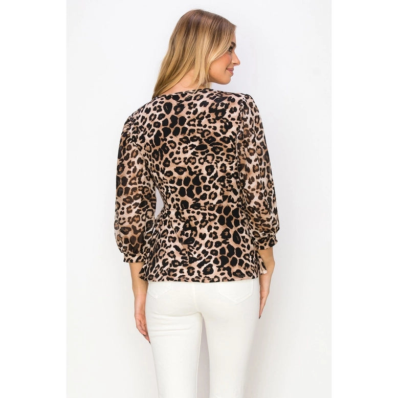 Top - Elegant Animal Print Wrap Blouse - Sizes Small to Large