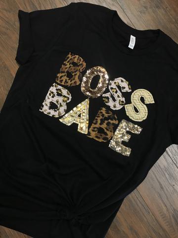 T-Shirt - V-Neck Bella Canvas Tee with BOSS BABE Lettering in Sequin/Metallic/Different Patterns including Animal Print - Sizes Small - 3X