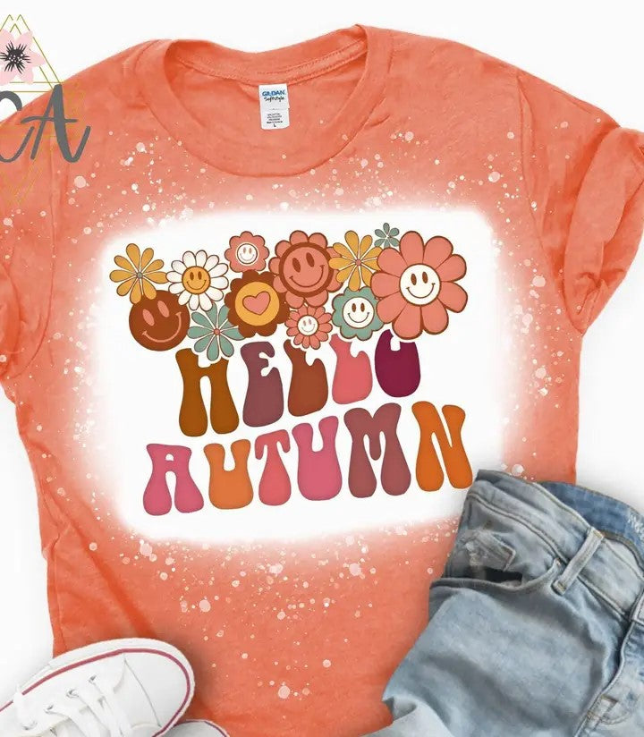 T-Shirt NEW ARRIVAL - Fall Themed Bleached Retro “Hello Autumn” Shirt - Sizes Small to 2X