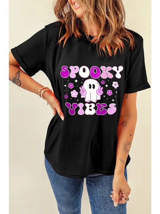 T-Shirt NEW ARRIVAL - Fall/Halloween SPOOKY VIBES Ghost Flower Print Crew Neck T Shirt - Sizes Small to XL