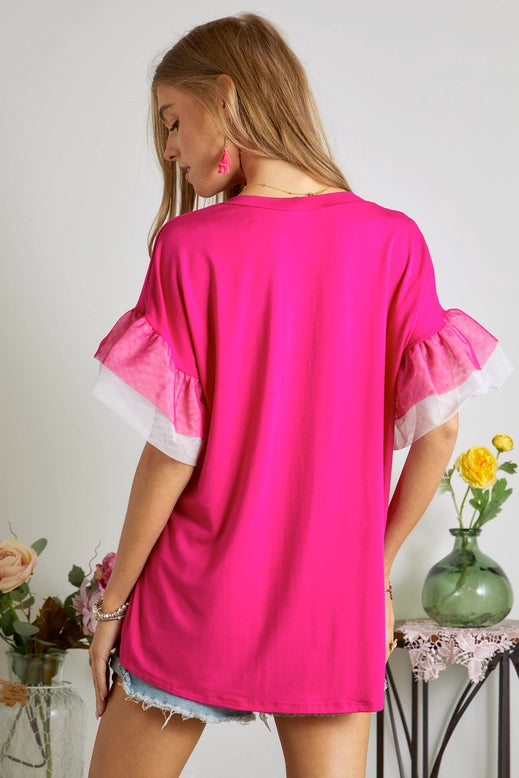 Top - Fuchsia Pink Tulle Mesh Double Ruffle Short Sleeve Knit Top - Small - Large