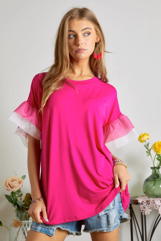 Top - Fuchsia Pink Tulle Mesh Double Ruffle Short Sleeve Knit Top - Small - Large