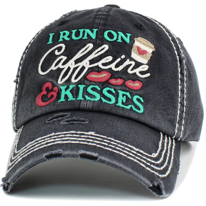 Baseball Cap - Black Distressed I Run On Caffeine And Kisses