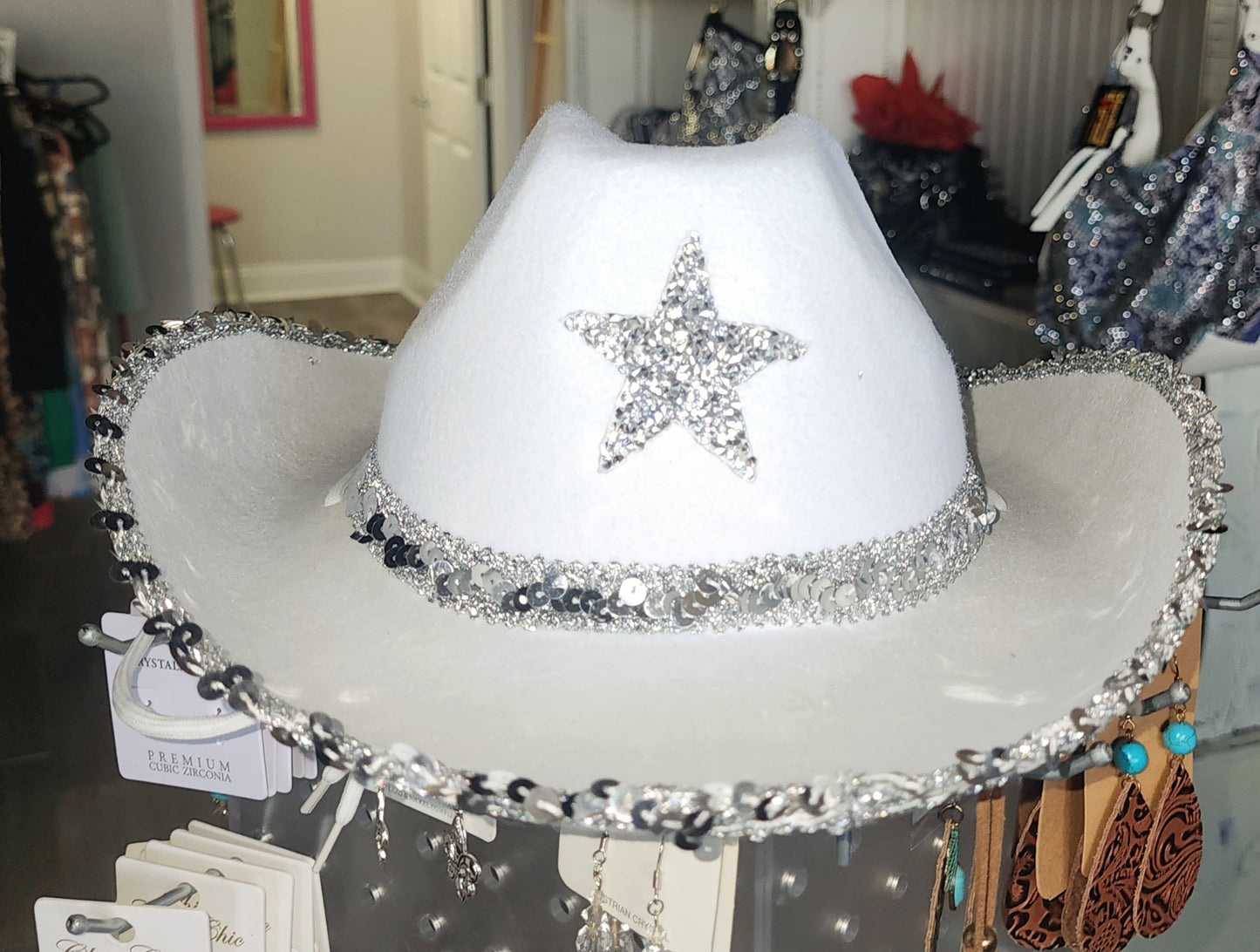 Hat - Sparkly White Felt Hat With a Silver Sequins That Trim the Hat and make up the Band. 3 Crystal Pave Rhinestones On the Underside