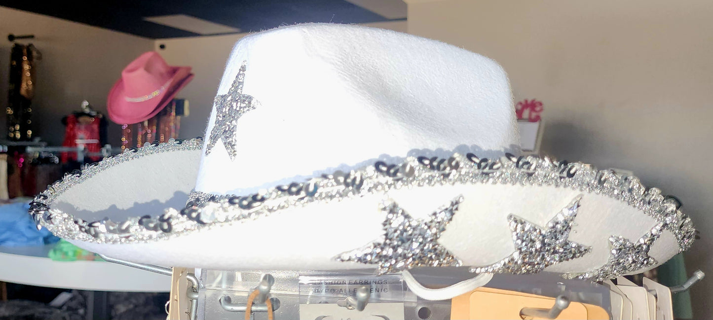 Hat - Sparkly White Felt Hat With a Silver Sequins That Trim the Hat and make up the Band. 3 Crystal Pave Rhinestones On the Underside